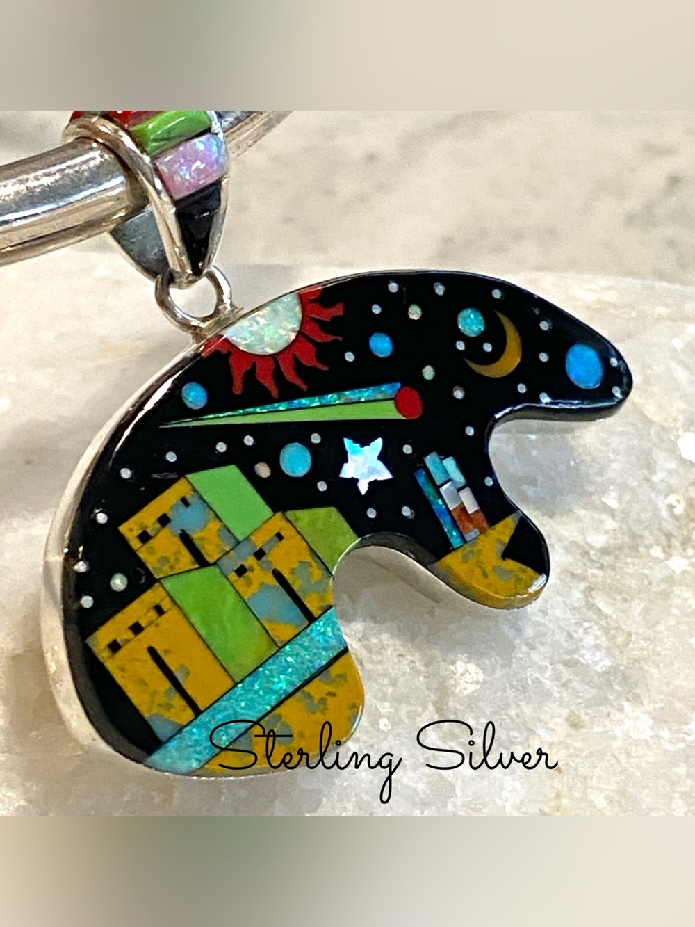 Sterling Silver - Inlay bear pendant w/ pueblo and night sky design - Picture 6 of 13
